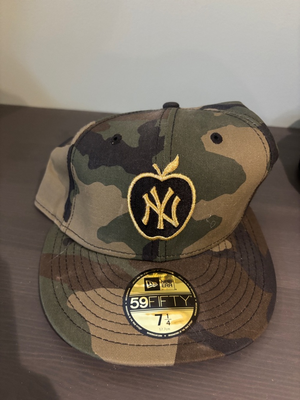 New Era Camo Fitted Cap with Black and Gold NY Apple Logo